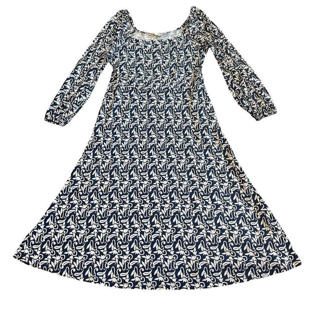 Boden Square Neck Navy White Print Dress Midi Stretch Long Sleeve Size 10 Womens